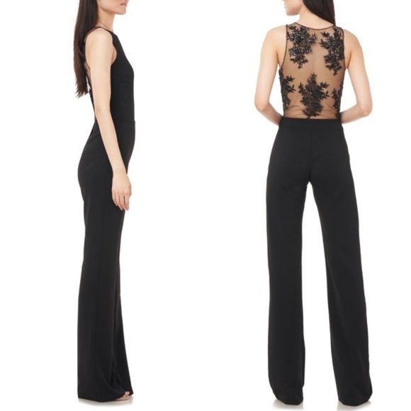 🆕️ NEW LOVE, THEIA Sequin Lace Illusion Back Sleeveless Crepe Jumpsuit 2 - Picture 2 of 10